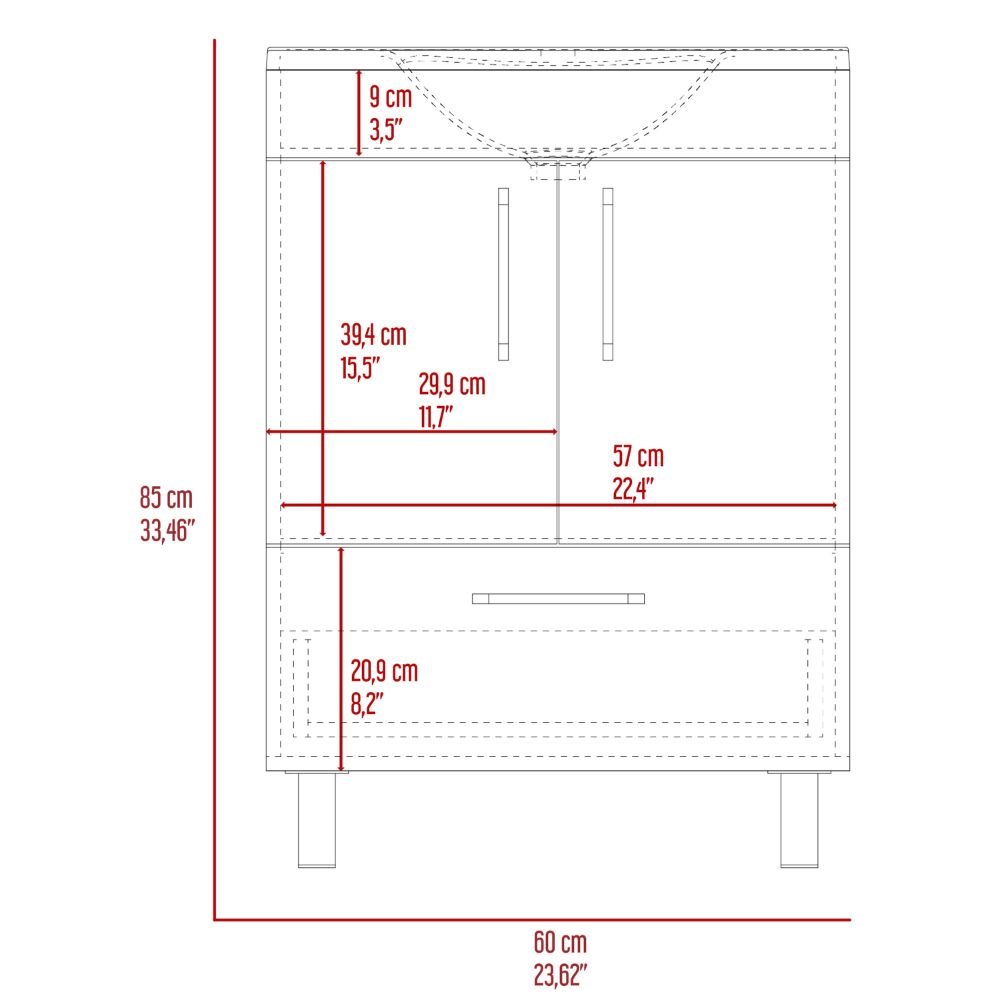 Single Bathroom Vanity, Double Door Cabinet, One Drawer, White.