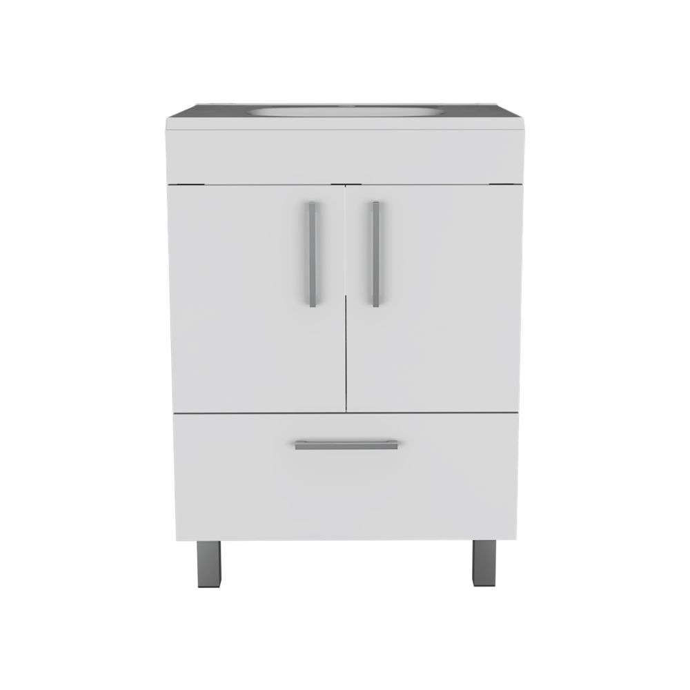 Single Bathroom Vanity, Double Door Cabinet, One Drawer, White.