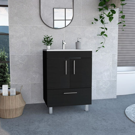 Single Bathroom Vanity, Double Door Cabinet, One Drawer, Black