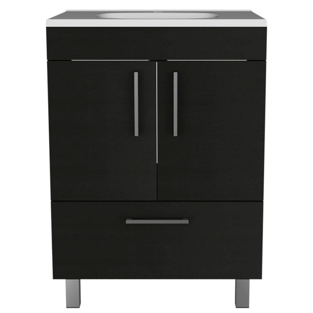 Single Bathroom Vanity, Double Door Cabinet, One Drawer, Black