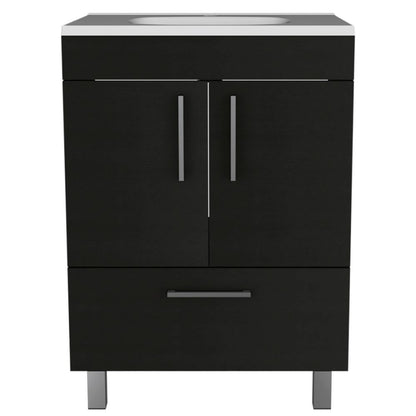 Single Bathroom Vanity, Double Door Cabinet, One Drawer, Black