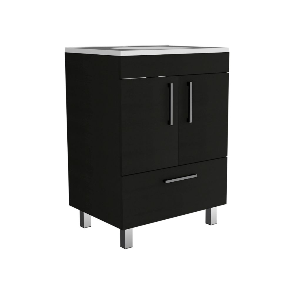 Single Bathroom Vanity, Double Door Cabinet, One Drawer, Black