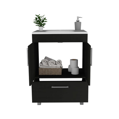 Single Bathroom Vanity, Double Door Cabinet, One Drawer, Black