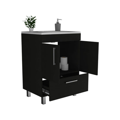 Single Bathroom Vanity, Double Door Cabinet, One Drawer, Black