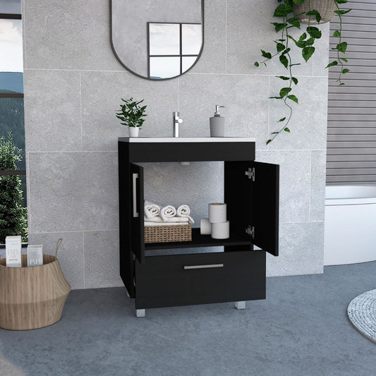 Single Bathroom Vanity, Double Door Cabinet, One Drawer, Black