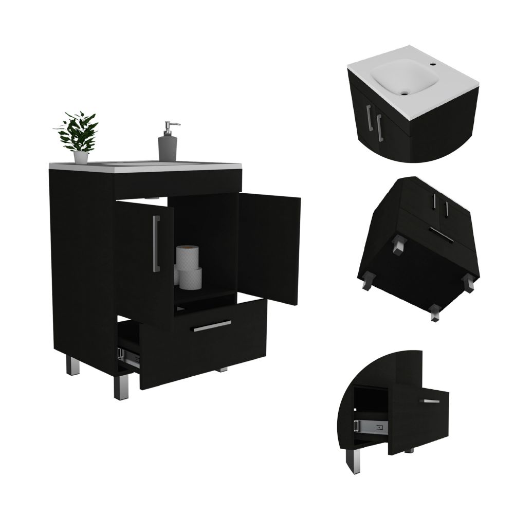 Single Bathroom Vanity, Double Door Cabinet, One Drawer, Black