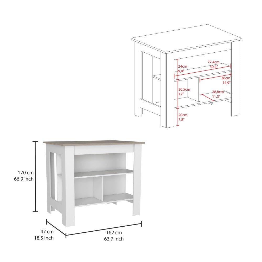 Kitchen Island, Three Shelves, Light Gray / White