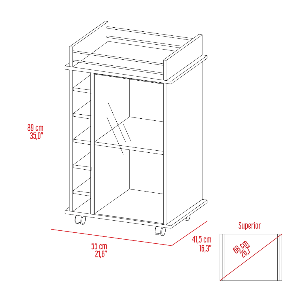 Bar Cart, Six Wine Cubbies, Glass Door, Four Wheels