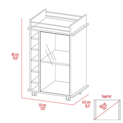 Bar Cart, Six Wine Cubbies, Glass Door, Four Wheels