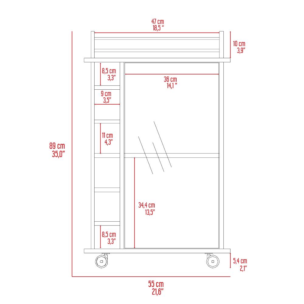 Bar Cart, Six Wine Cubbies, Glass Door, Four Wheels