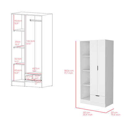 Armoire with Four Storage Shelves, Drawer and Double Door, White