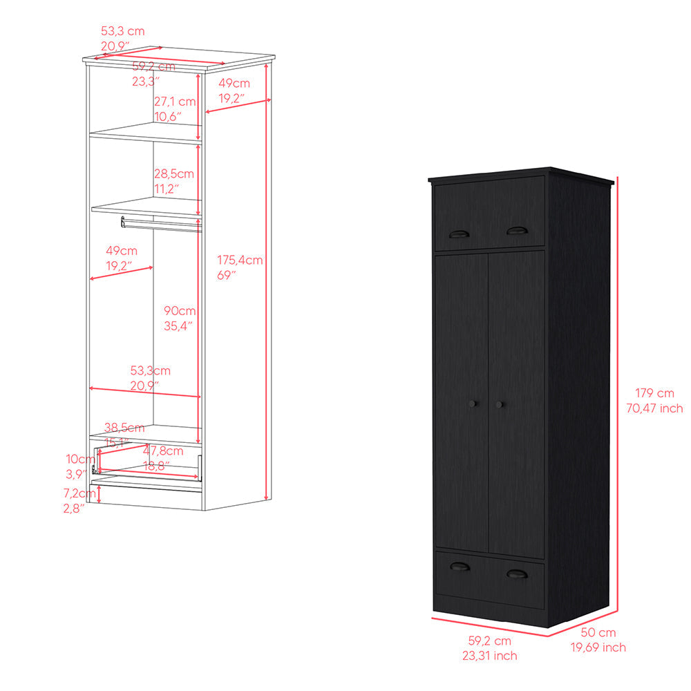 Armoire with Two-Doors, Top Hinged Drawer and 1-Drawer, Black.