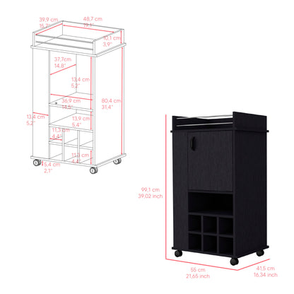 Bar Cart with Casters Reese, Six Wine Cubbies and Single Door, Black