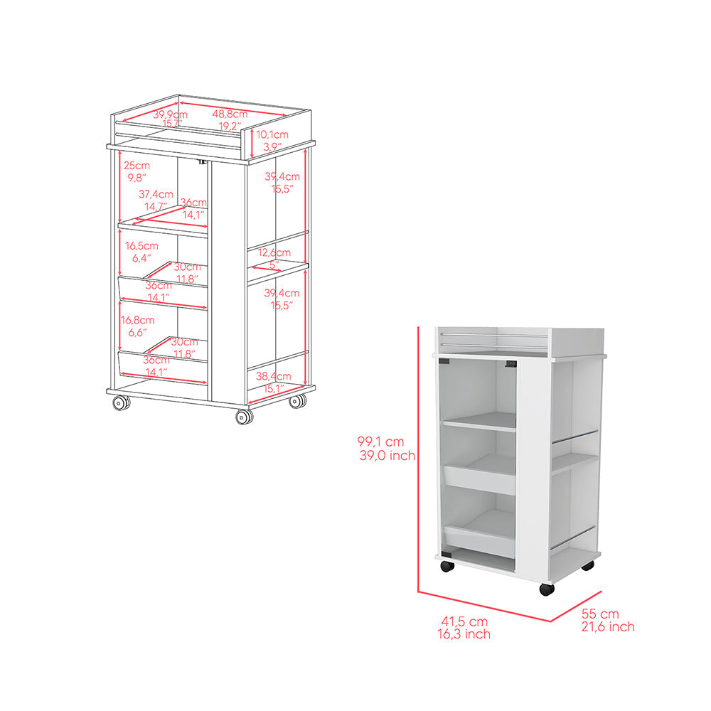 Bar Cart with Two-Side Shelves, Glass Door and Upper Surface.