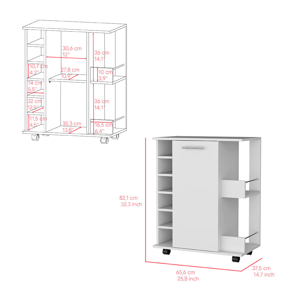 Bar Cart with Six-Wine Cubbies Cabot, Two-Side Storage Shelves White