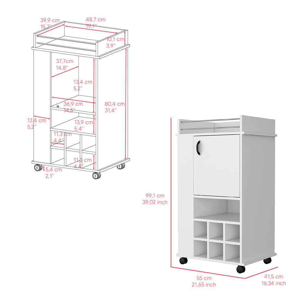 Bar Cart with Wheels, Six Wine Cubbies and Single Door, White