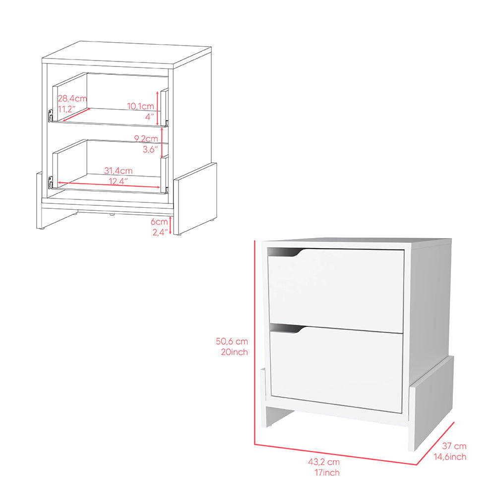 Nightstand Brookland, Bedside Table with Double Drawers White