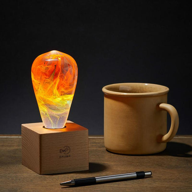LED Light Bulb Lamp with Wooden Base - Unique Decorative Lighting (Flame Design)