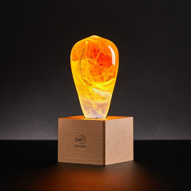 LED Light Bulb Lamp with Wooden Base - Unique Decorative Lighting (Flame Design)
