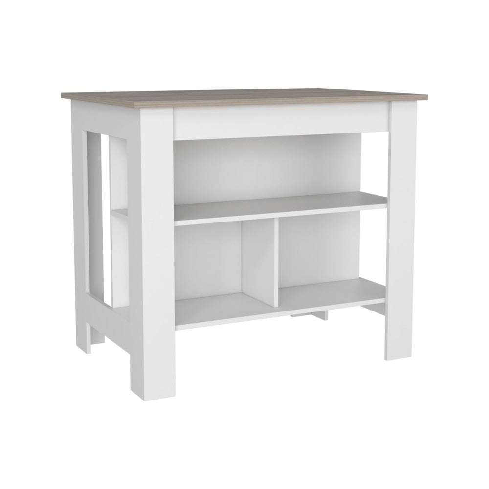 Kitchen Island, Three Shelves, Light Gray / White