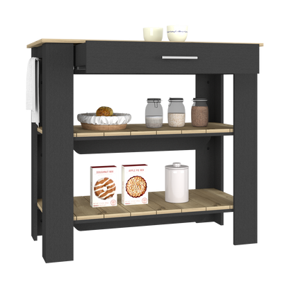 Kitchen Island 40 Inches Dozza, Two Shelves, Black Wengue / Light Oak