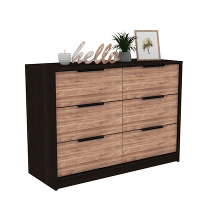 4 Drawer Double Dresser Metal Handle, Black Wengue / Pine Finish.