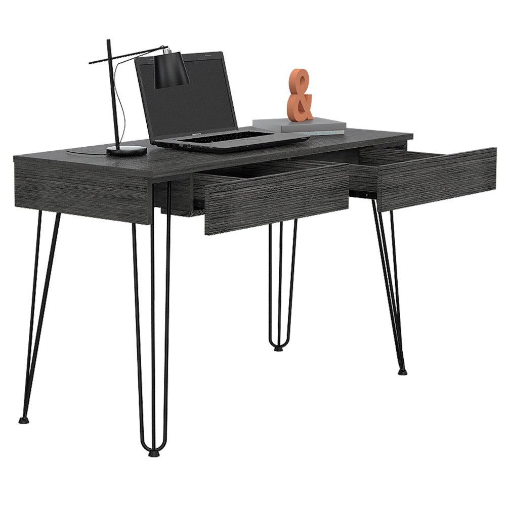 Desk with Hairpin Legs and Two Drawers, Black Wengue Finish.