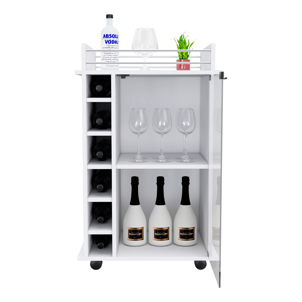 Bar Cart, Six Wine Cubbies, Glass Door, Four Wheels