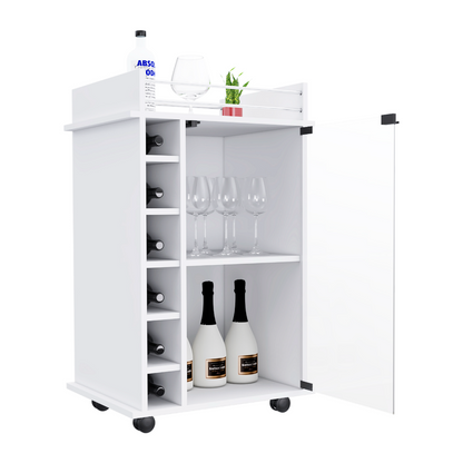 Bar Cart, Six Wine Cubbies, Glass Door, Four Wheels