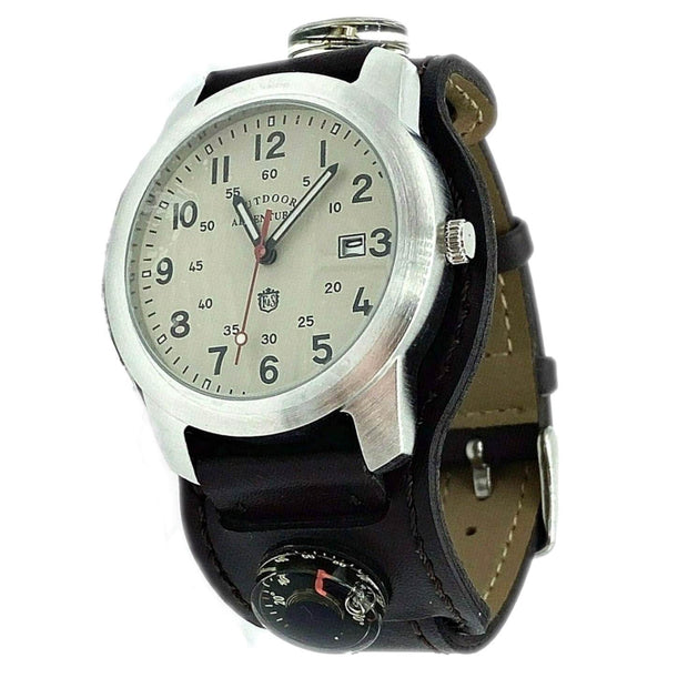 Outdoor Adventure Watch with Leather Strap and Compass