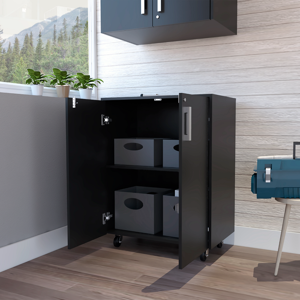 Storage Cabinet, Double Door and Casters, Black Wengue Finish