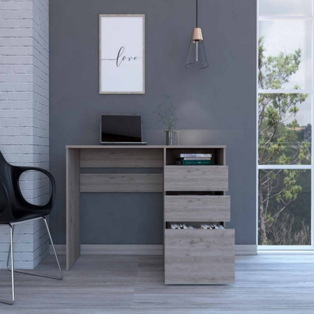 Computer Desk, One Shelf, Light Gray Finish.