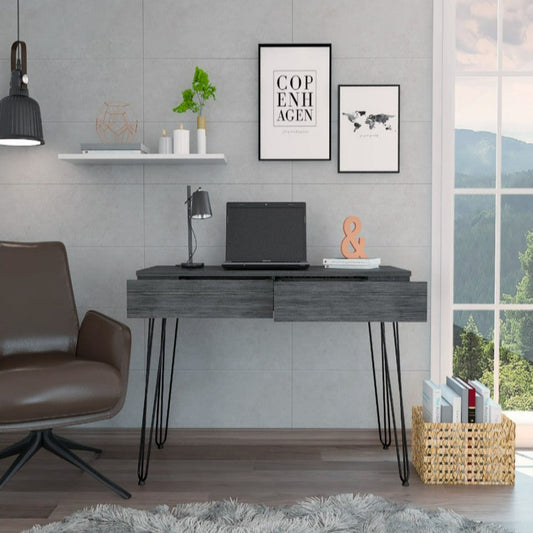 Desk with Hairpin Legs and Two Drawers, Black Wengue Finish.