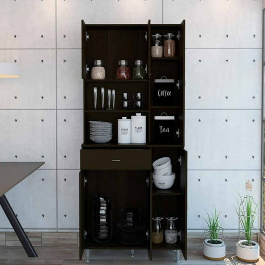 Kitchen Pantry, Double Door Cabinet, Black Wengue Finish