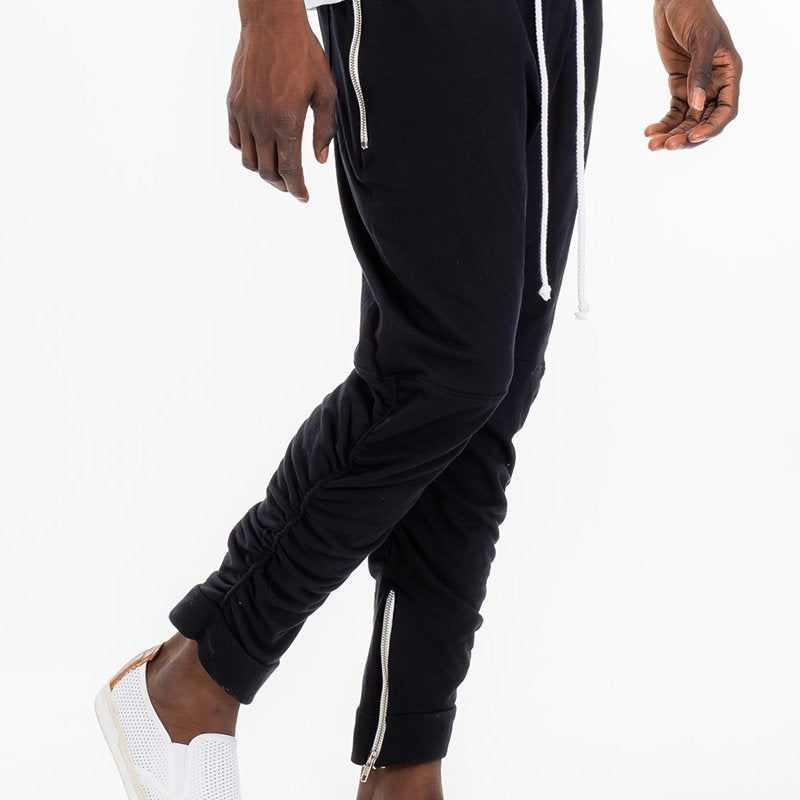Men’s Black Ruched Jogger Pants with Drawstring
