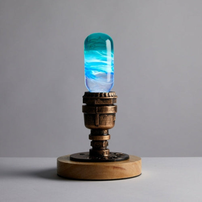 C.P.LIGHT Blue Green Glass Lamp Bulb with Wooden Base