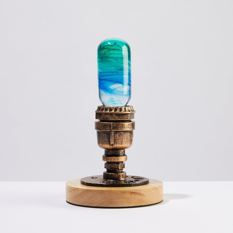 C.P.LIGHT Blue Green Glass Lamp Bulb with Wooden Base