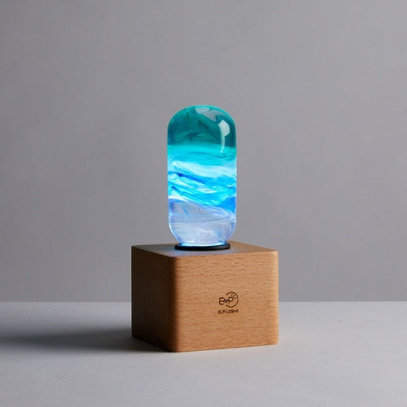 C.P.LIGHT Blue Green Glass Lamp Bulb with Wooden Base