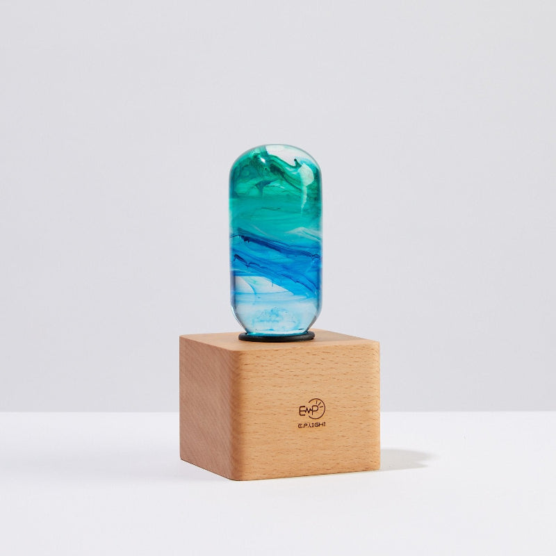 C.P.LIGHT Blue Green Glass Lamp Bulb with Wooden Base