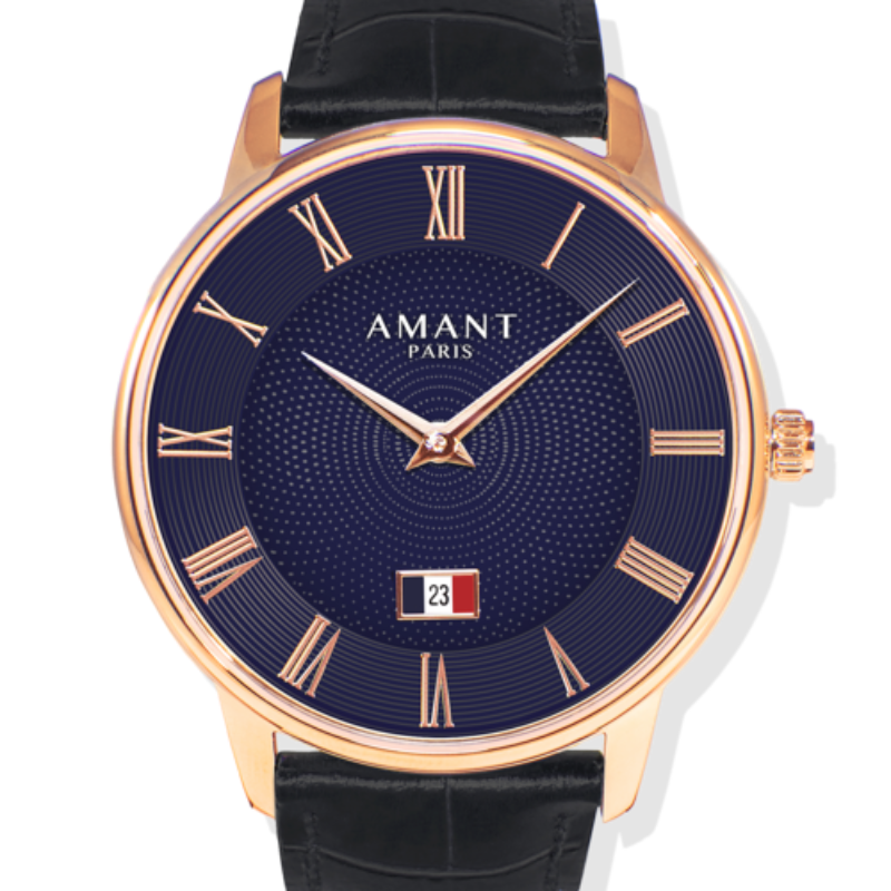 AMANT PARIS Blue Roman Numeral Dial Leather Strap Watch