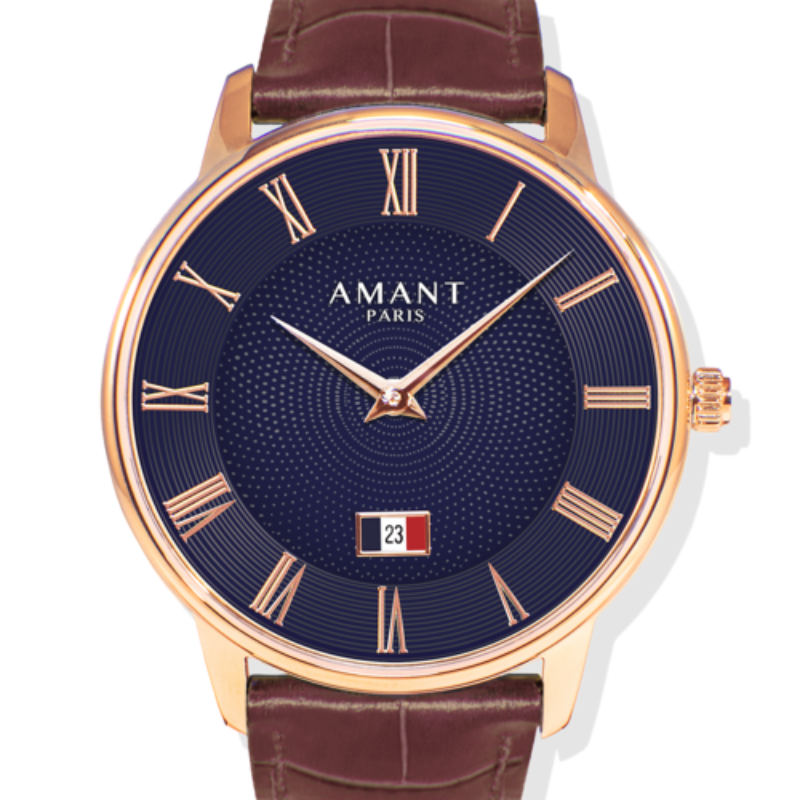 AMANT PARIS Blue Roman Numeral Dial Leather Strap Watch