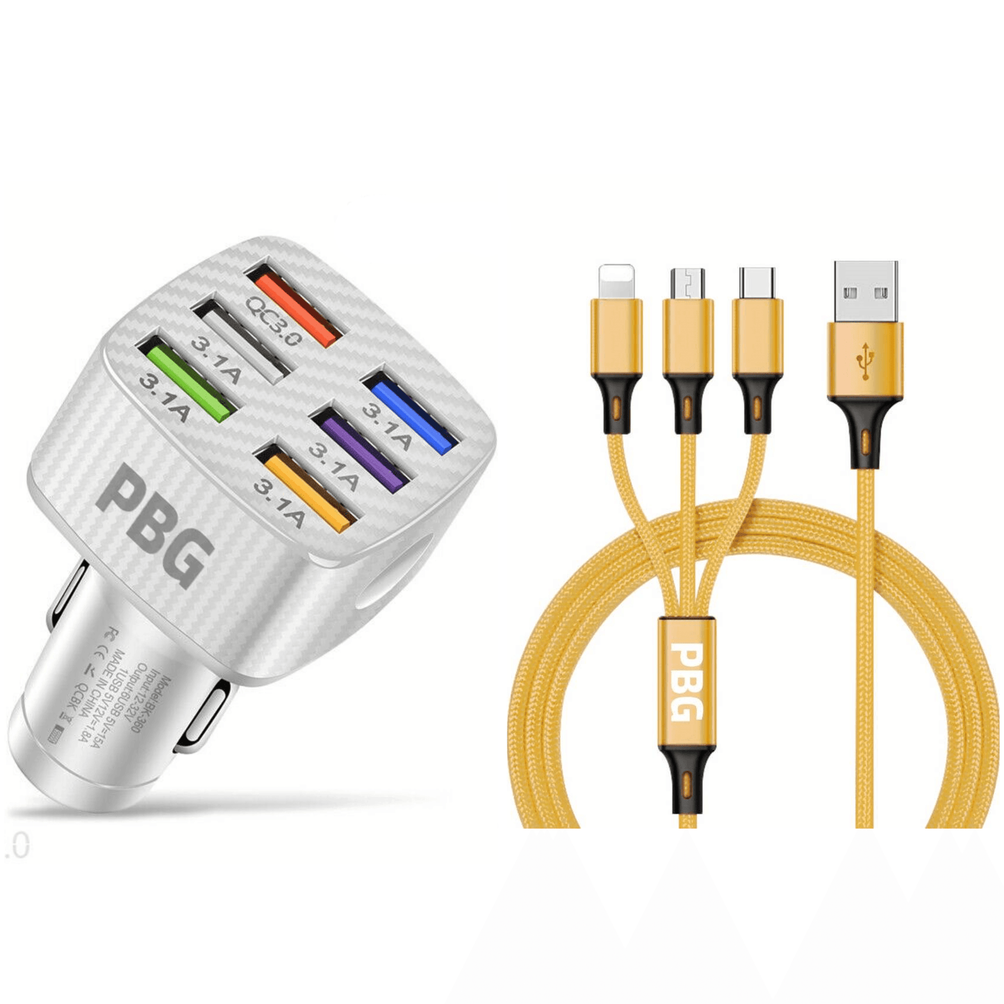 PBG LED 6-Port Car Charger with 4FT 3-in-1 Fast Charging Cable