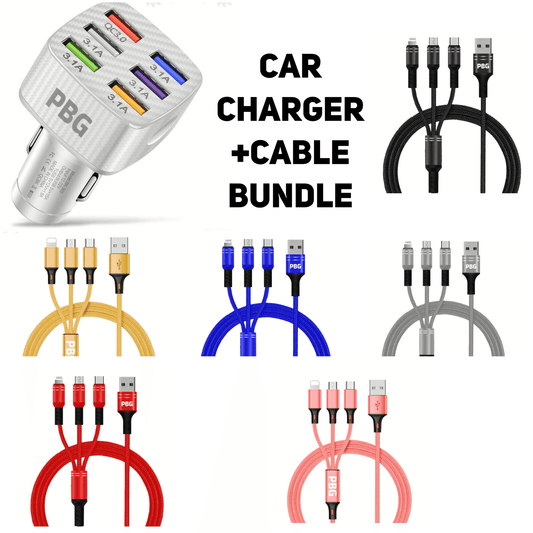 PBG LED 6-Port Car Charger with 4FT 3-in-1 Fast Charging Cable