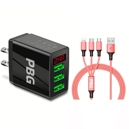 Cargador de pared con pantalla LED de 3 puertos y paquete de cables 3 en 1, color rojo