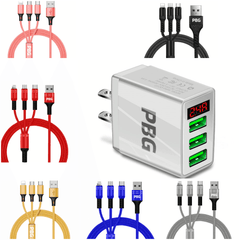 PBG 3 port LED Display Wall Charger and 3 in 1 Cable Bundle Red