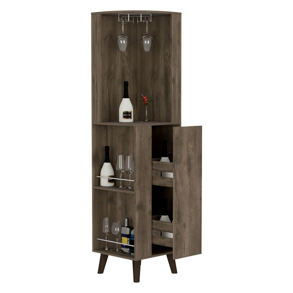 Dark Brown ,Corner Bar Cabinet Plex, Cup Rack, Two External Shelves