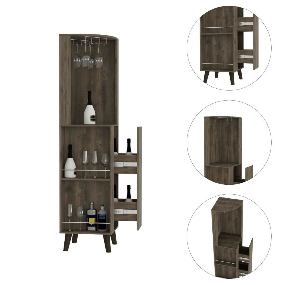 Dark Brown ,Corner Bar Cabinet Plex, Cup Rack, Two External Shelves