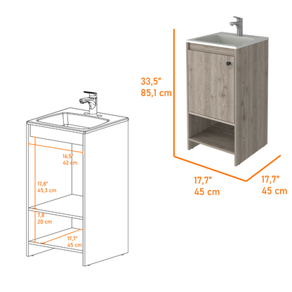 Bathroom Vanity, Single Door Cabinet, Two Shelves, Light Gray.