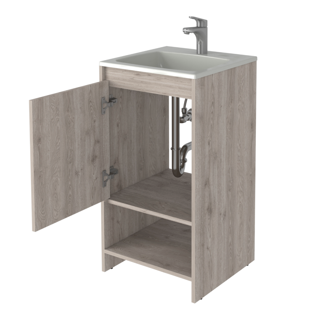 Bathroom Vanity, Single Door Cabinet, Two Shelves, Light Gray.