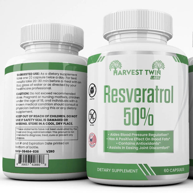 Harvest Twin Labs Resveratrol 50% Dietary Supplement – Antioxidant Support Capsules (60 Capsules)